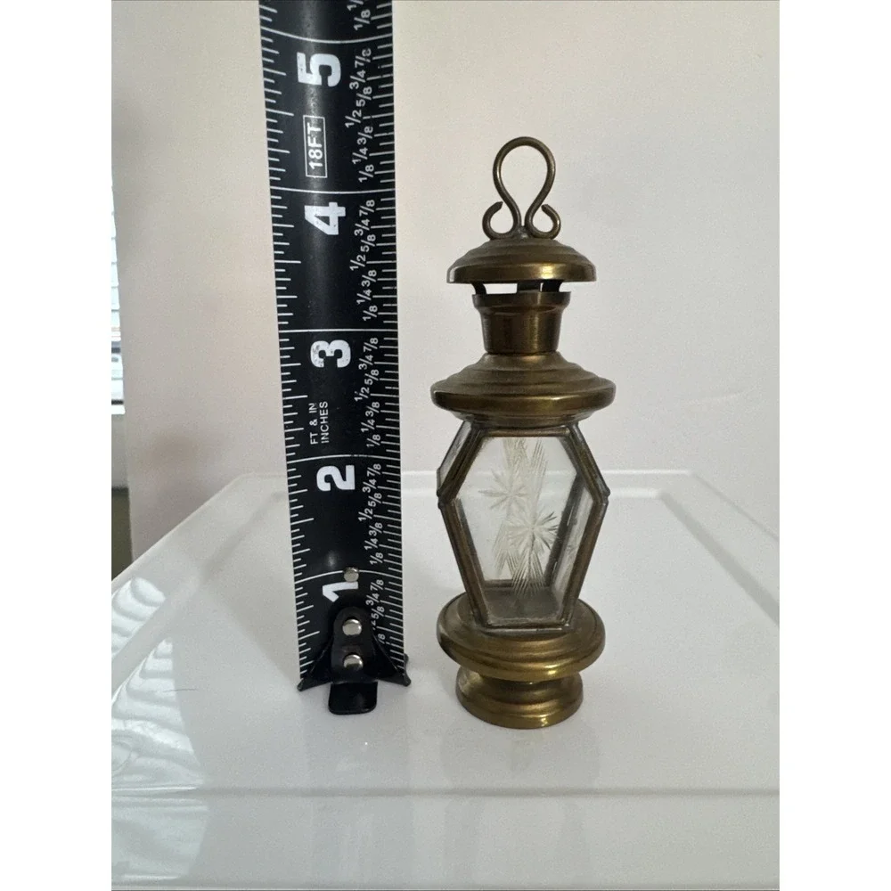 Vintage Miniature Brass Lantern Etched Glass Opening Door 4.5